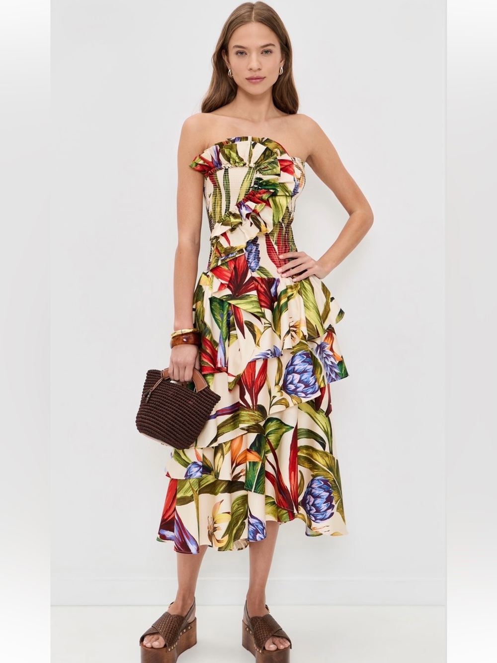 NWT FARM RIO Sand Florart Strapless Maxi Dress